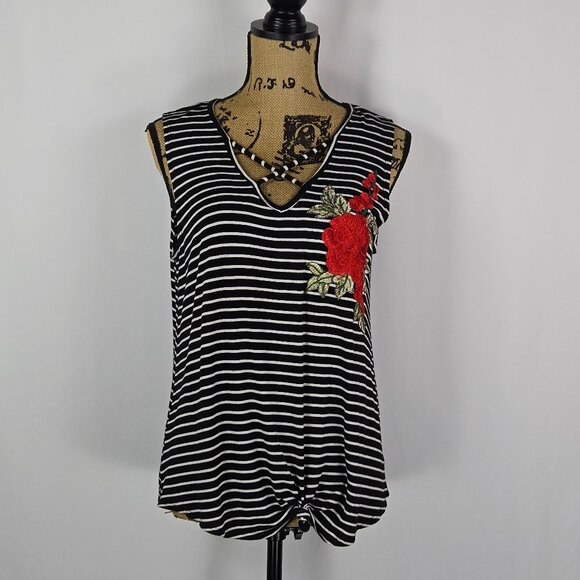Discreet Striped Floral Knot Hem Tank Top Black White Sleeveless L Boho Chic - Picture 1 of 9